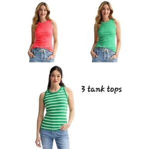 Sonoma Women's Green, Green Striped, & Coral High Neck Layering Tank Tops (3)